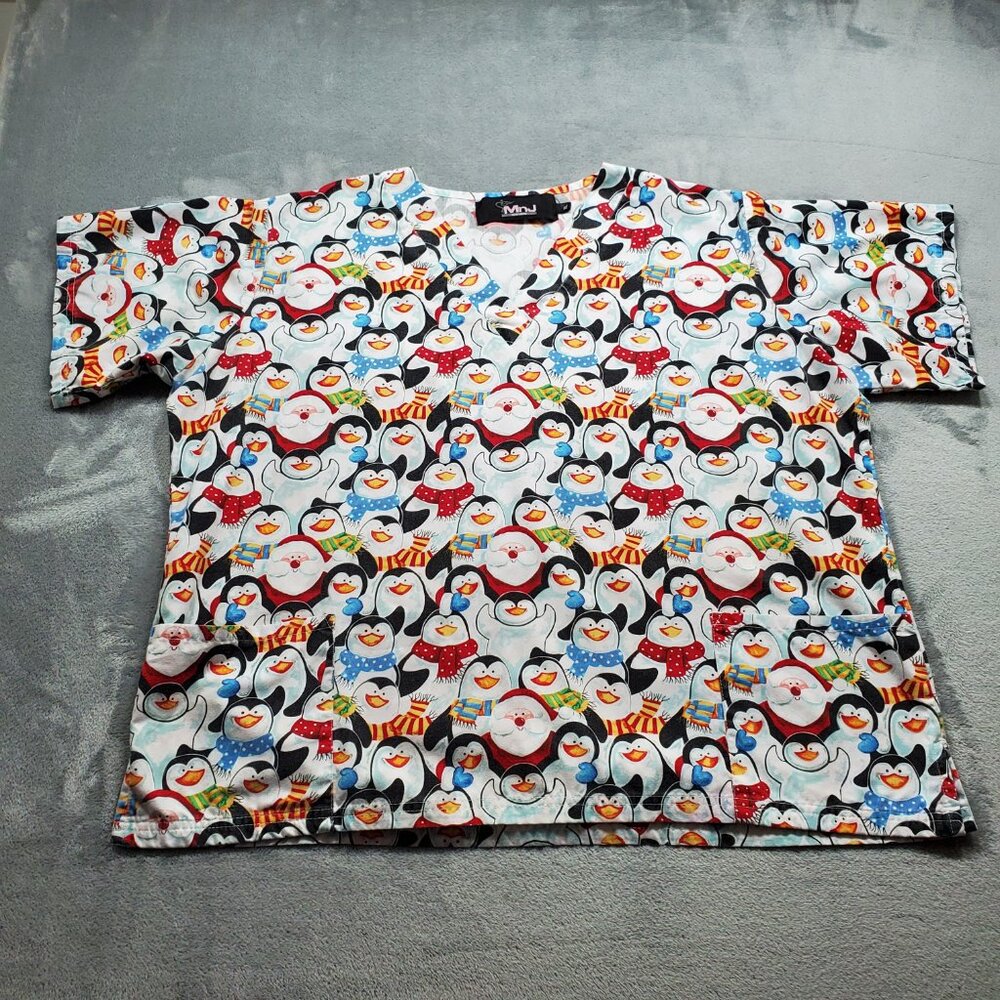 MNJ V-Neck Scrub Top Santa Claus with Penguins Holiday Theme Print 2 Pckts Sz XL